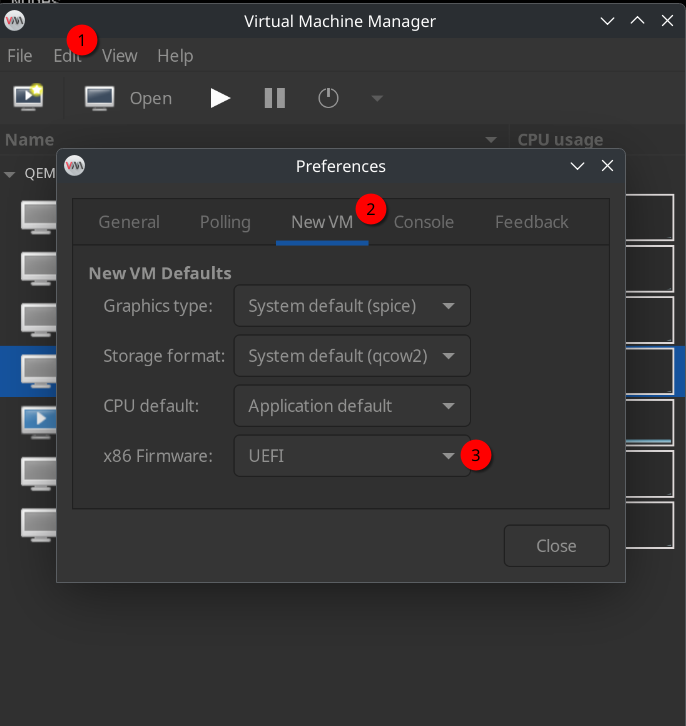 Screenshot of the settings screen of virsh manager